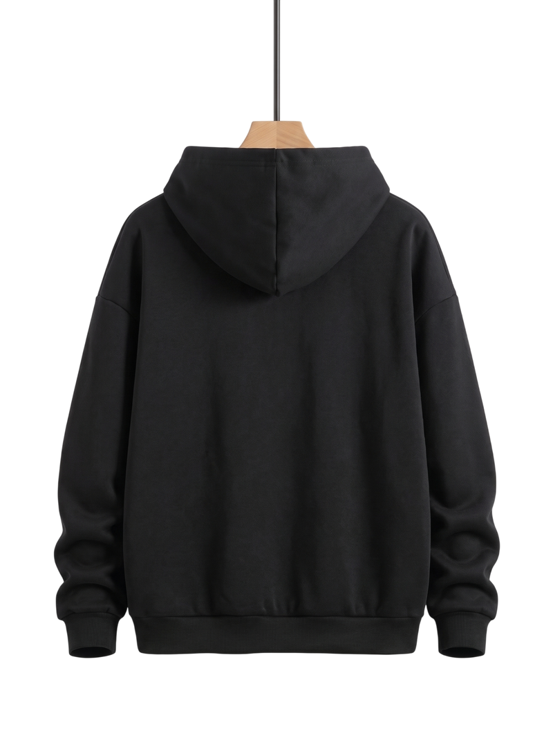 A black pullover hoodie shown from the back, hanging on a wooden hanger against a plain white background.